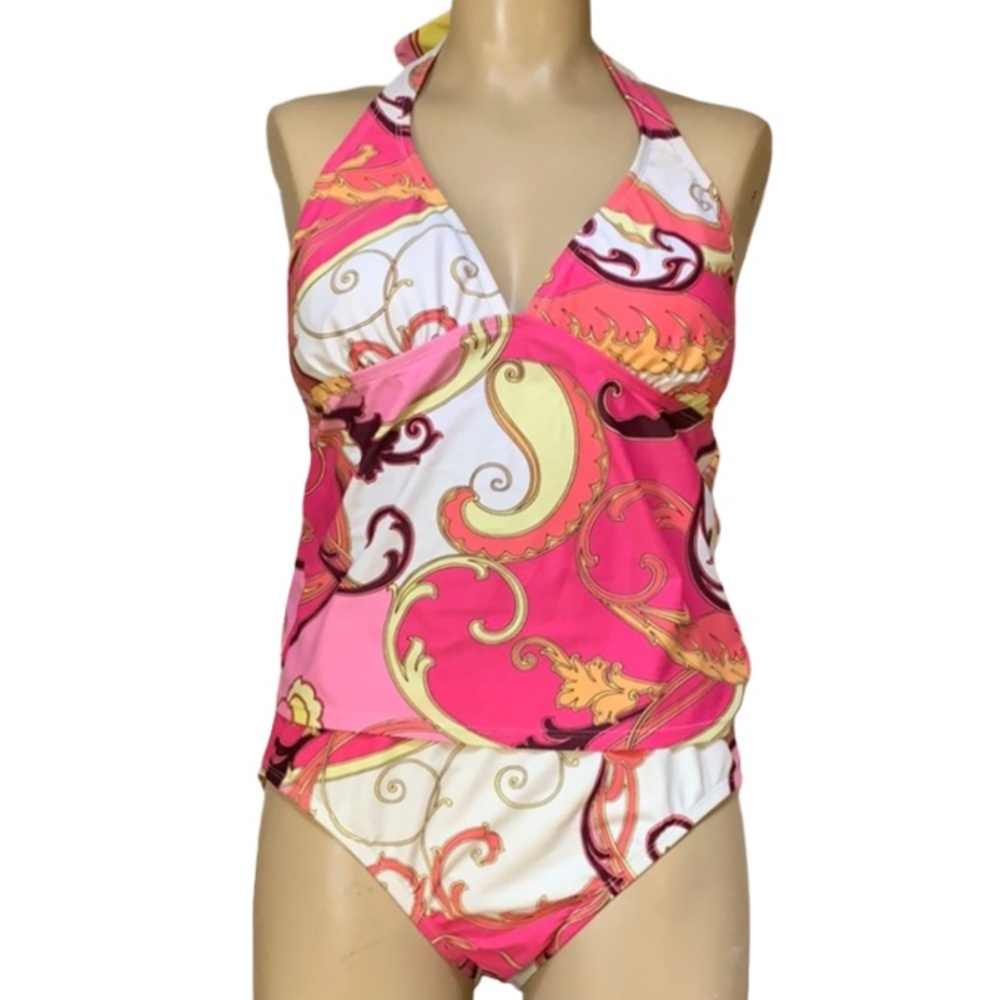 Vintage Y2K Pink Colorful Paisley Print Tankini Swim Suit